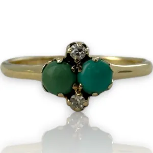 Late Victorian Era Solid 14kt Gold Persian Turquoise and Old Mine Cut Diamond Dainty Accent Cocktail Ring Size 7