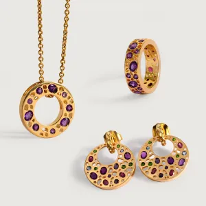 Lattice Disc Multi-Gems Drop Earrings   Amethyst Lattice Band Ring   Lattice Eternity Necklace with Amethyst