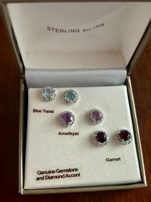 Lot Sterling Silver 925 Diamond Accent Garnet Blue Topaz Amethyst Stud Earrings