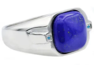 Mens Genuine Lapis Lazuli Stainless Steel Ring With Blue Cubic Zirconia