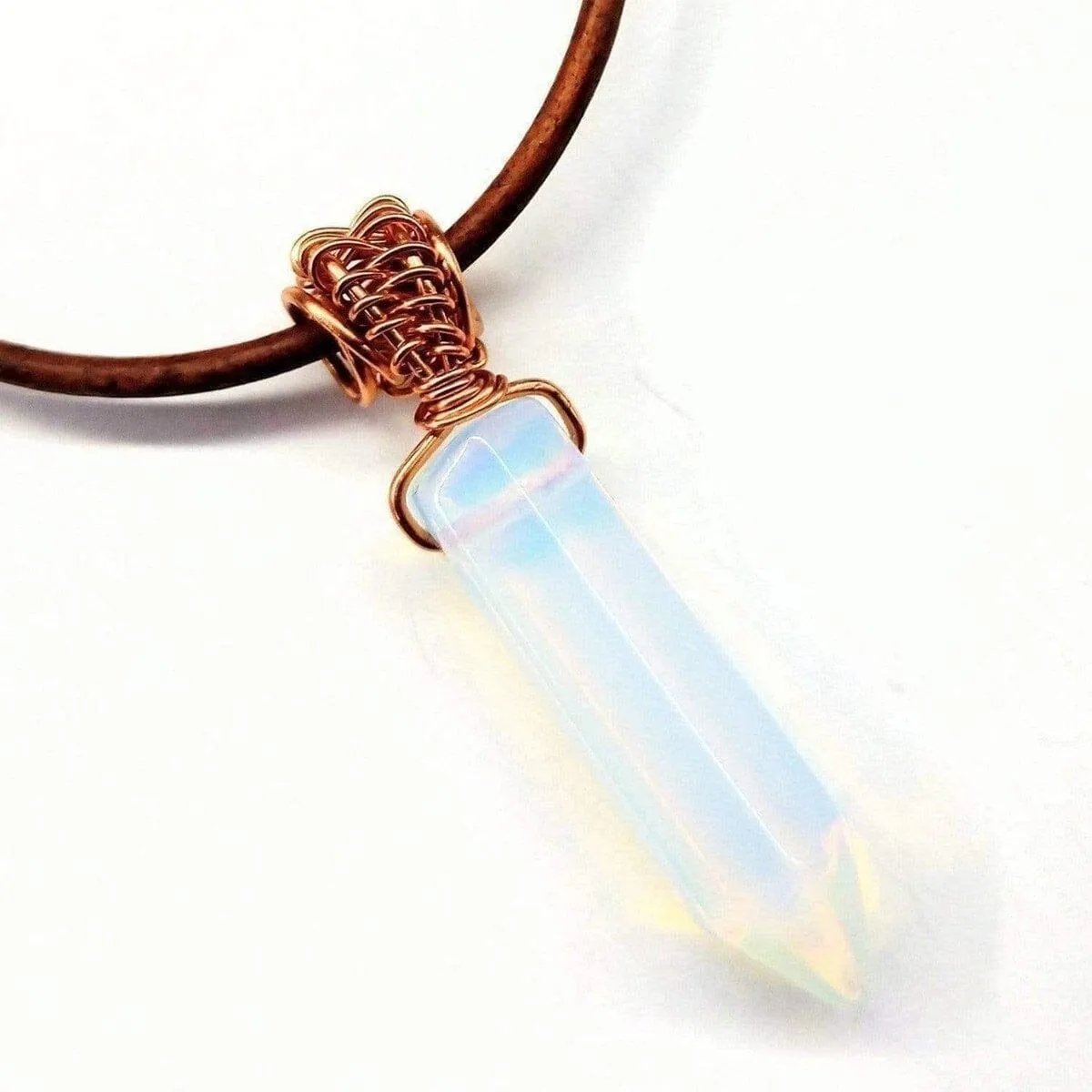 Men's Rustic Wire Wrapped Pointed Gemstone Crystal Leather Necklace