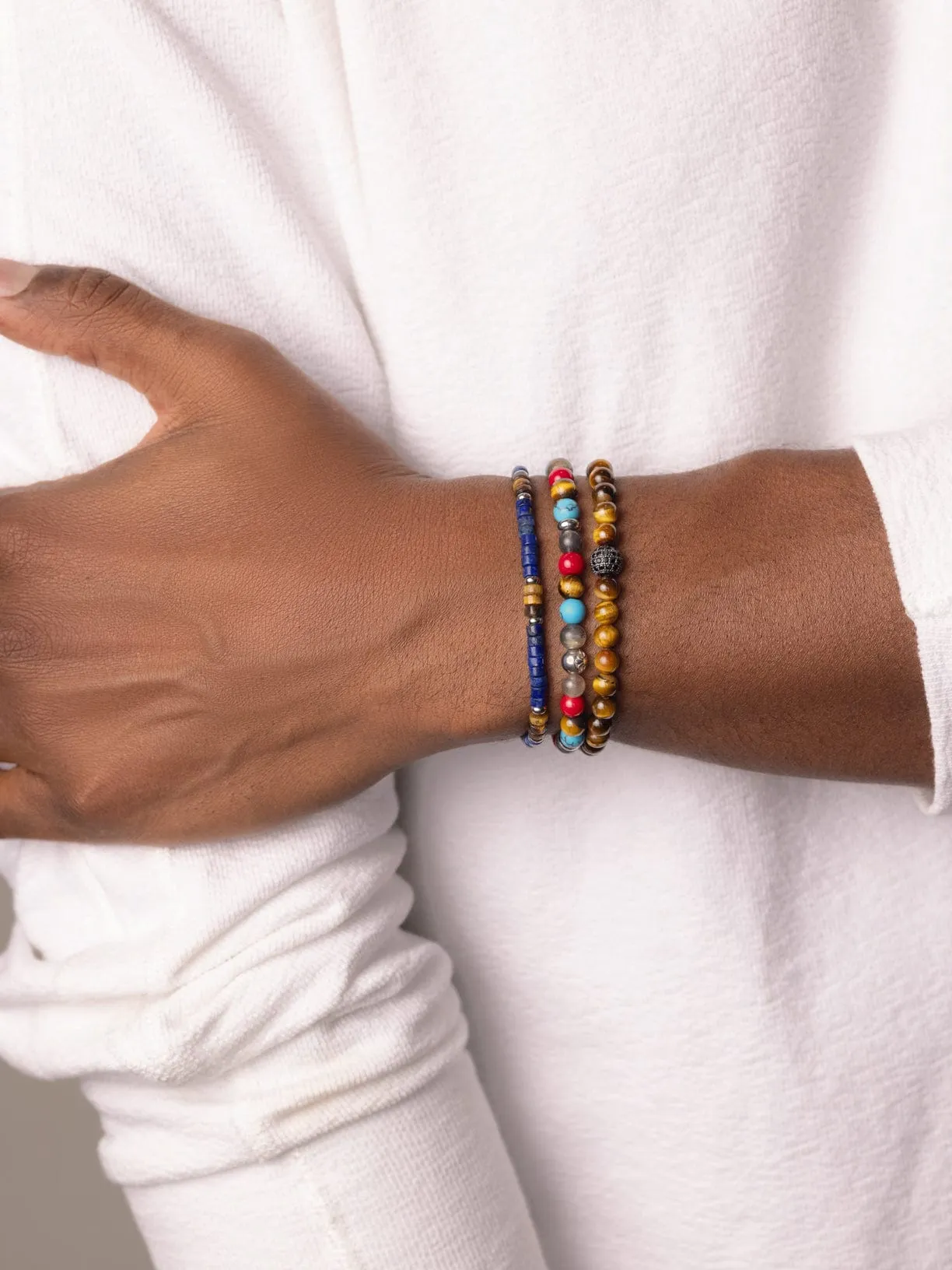 Men's Wristband with Blue Lapis and Brown Tiger Eye Heishi Beads