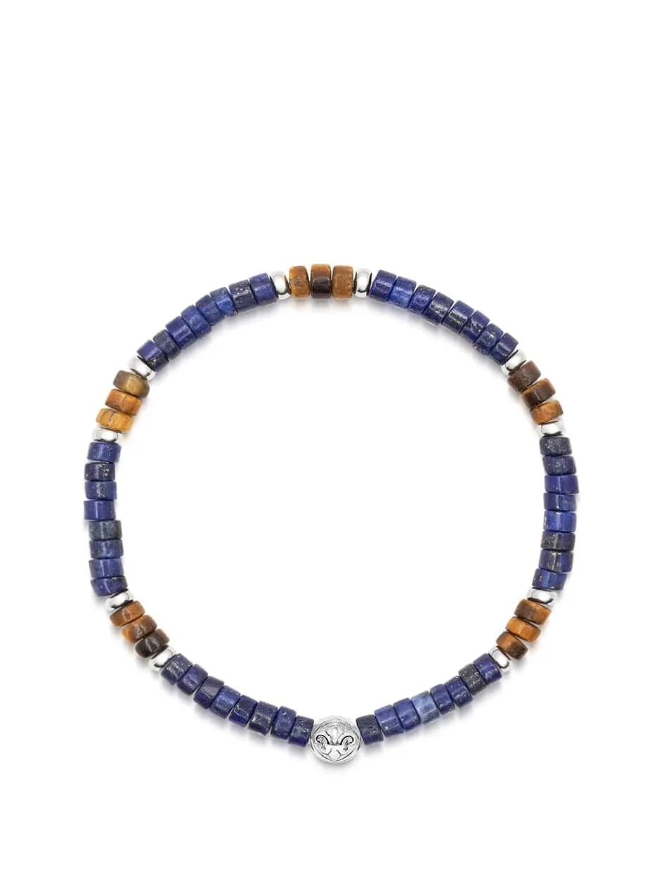 Men's Wristband with Blue Lapis and Brown Tiger Eye Heishi Beads