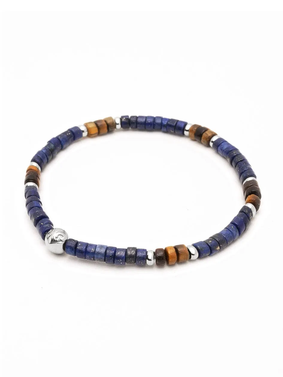 Men's Wristband with Blue Lapis and Brown Tiger Eye Heishi Beads