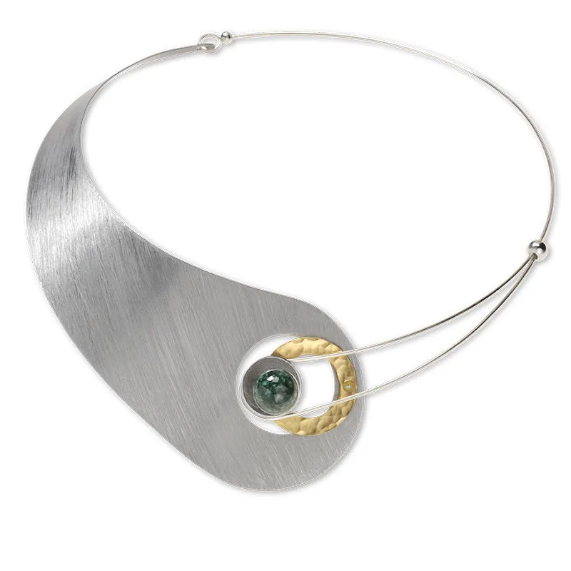 MOON Truly Asymmetrical Elegant Metal Collar Necklace-Front Closure and Simulated Pearl and Jade Accent Bead Options