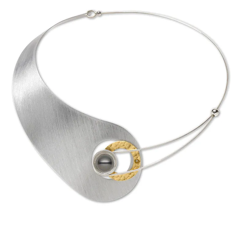 MOON Truly Asymmetrical Elegant Metal Collar Necklace-Front Closure and Simulated Pearl and Jade Accent Bead Options