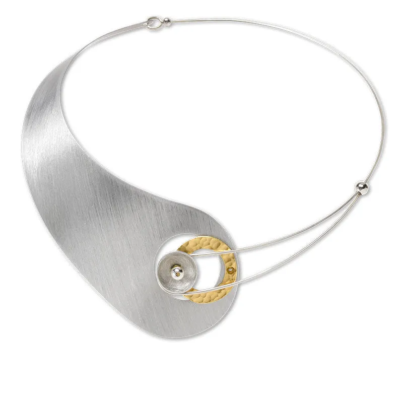 MOON Truly Asymmetrical Elegant Metal Collar Necklace-Front Closure and Simulated Pearl and Jade Accent Bead Options