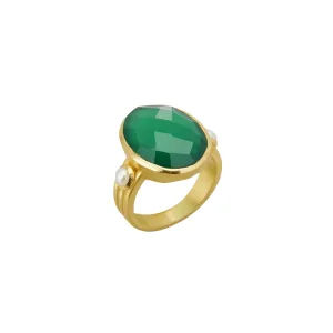 Murkani Wandering Soul Green Onyx & Pearl Ring (Size 8) in 18KT Yellow Gold Plate