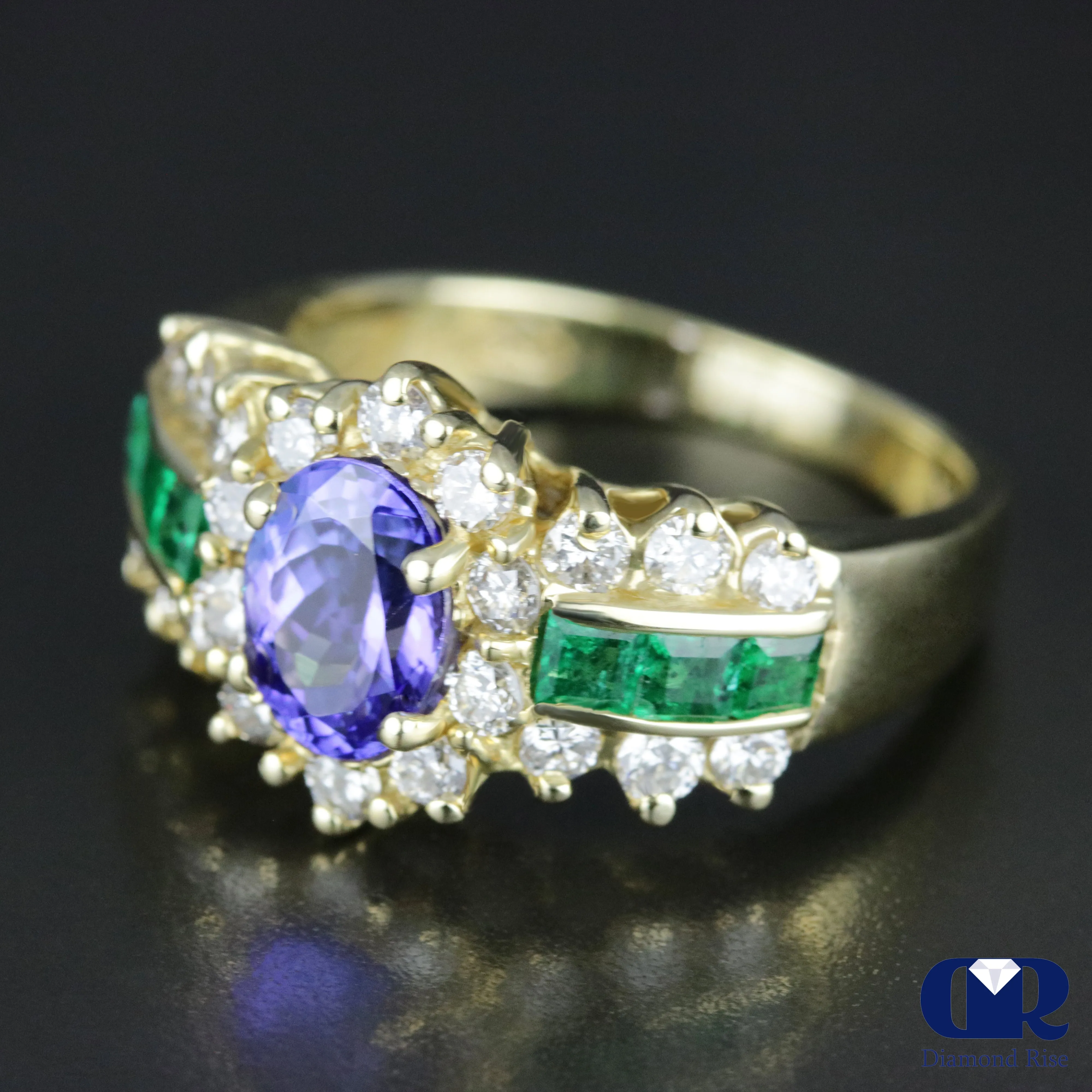 Natural 2.58 Ct Tanzanite Emerald & Diamond Cocktail Ring Engagement Ring 14K Gold