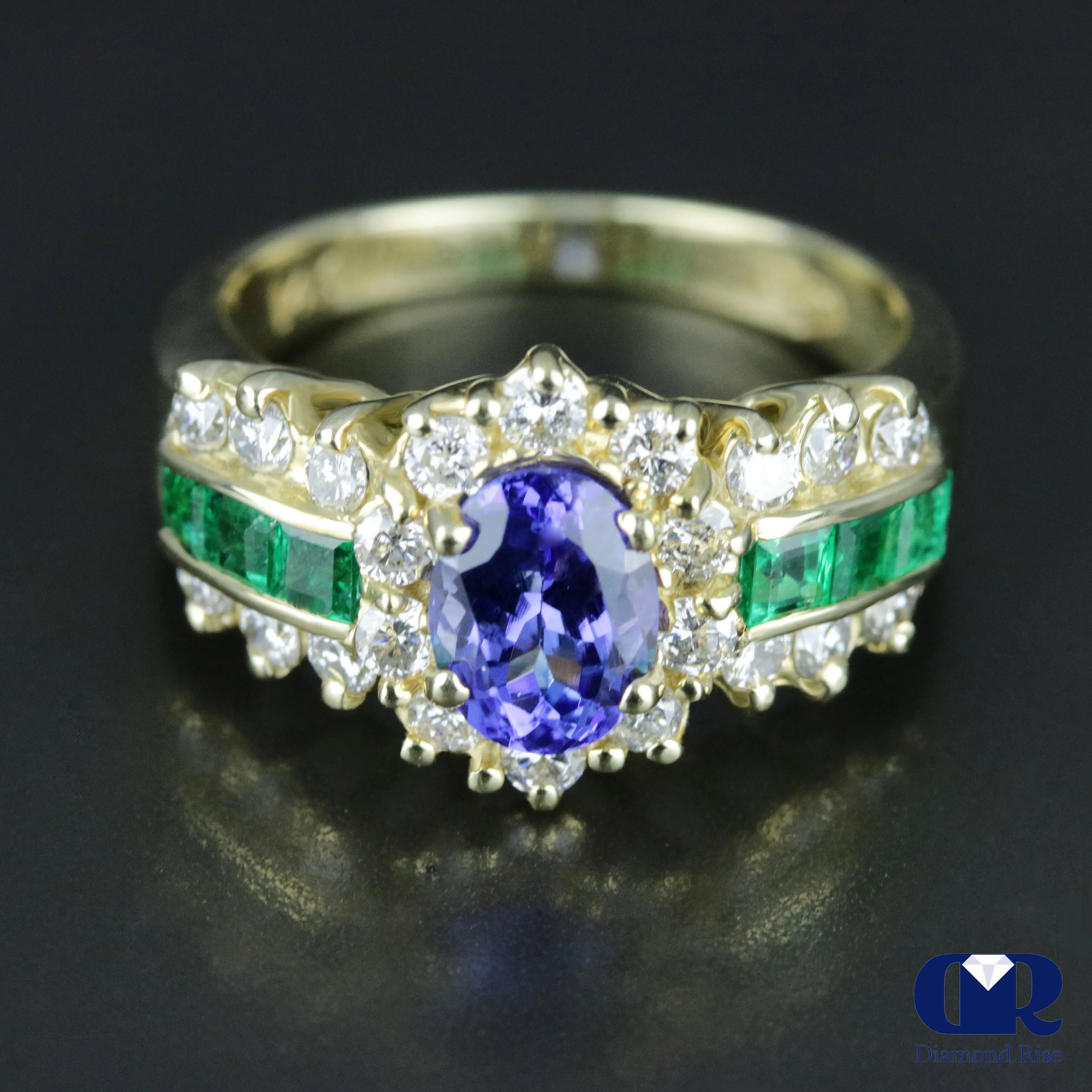 Natural 2.58 Ct Tanzanite Emerald & Diamond Cocktail Ring Engagement Ring 14K Gold