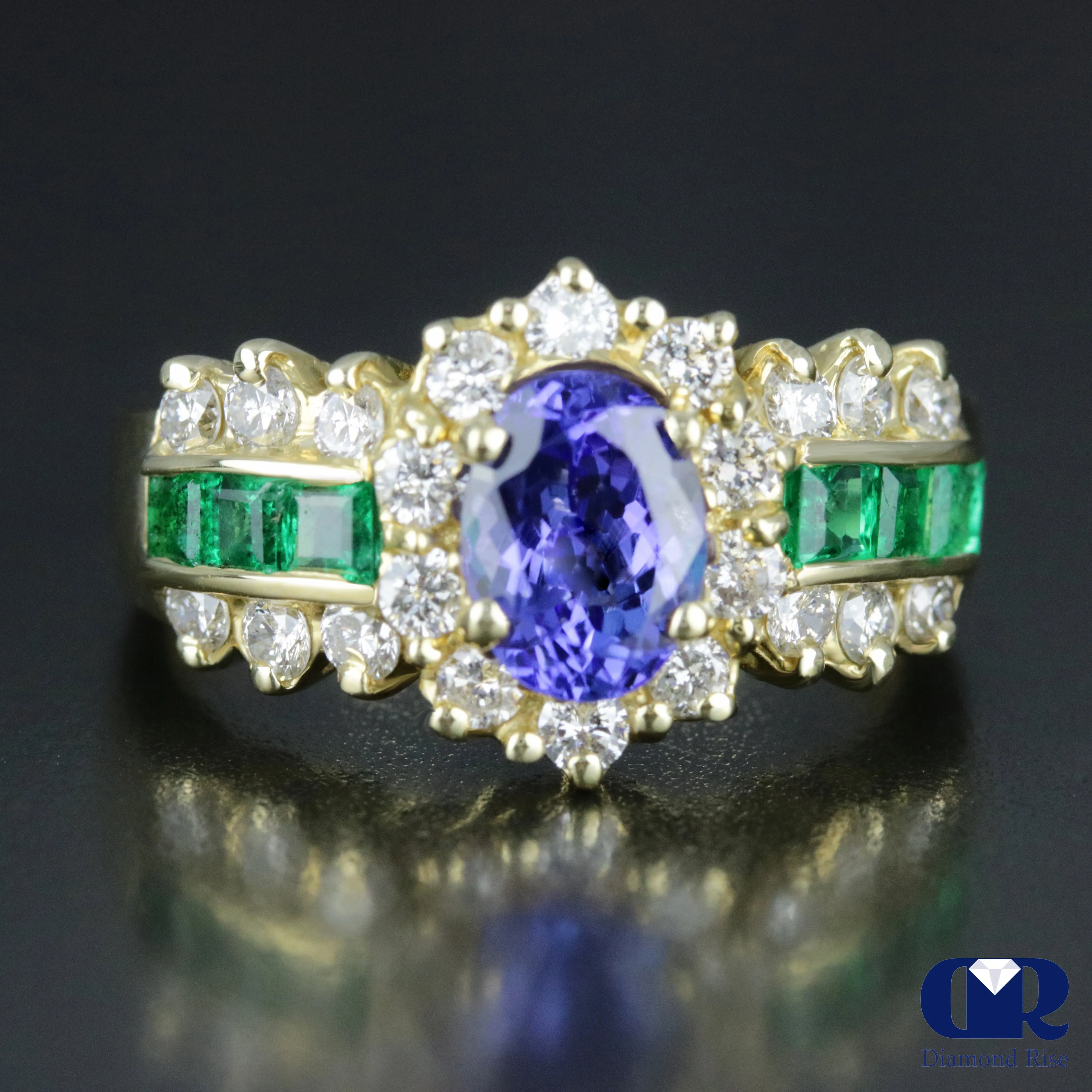 Natural 2.58 Ct Tanzanite Emerald & Diamond Cocktail Ring Engagement Ring 14K Gold