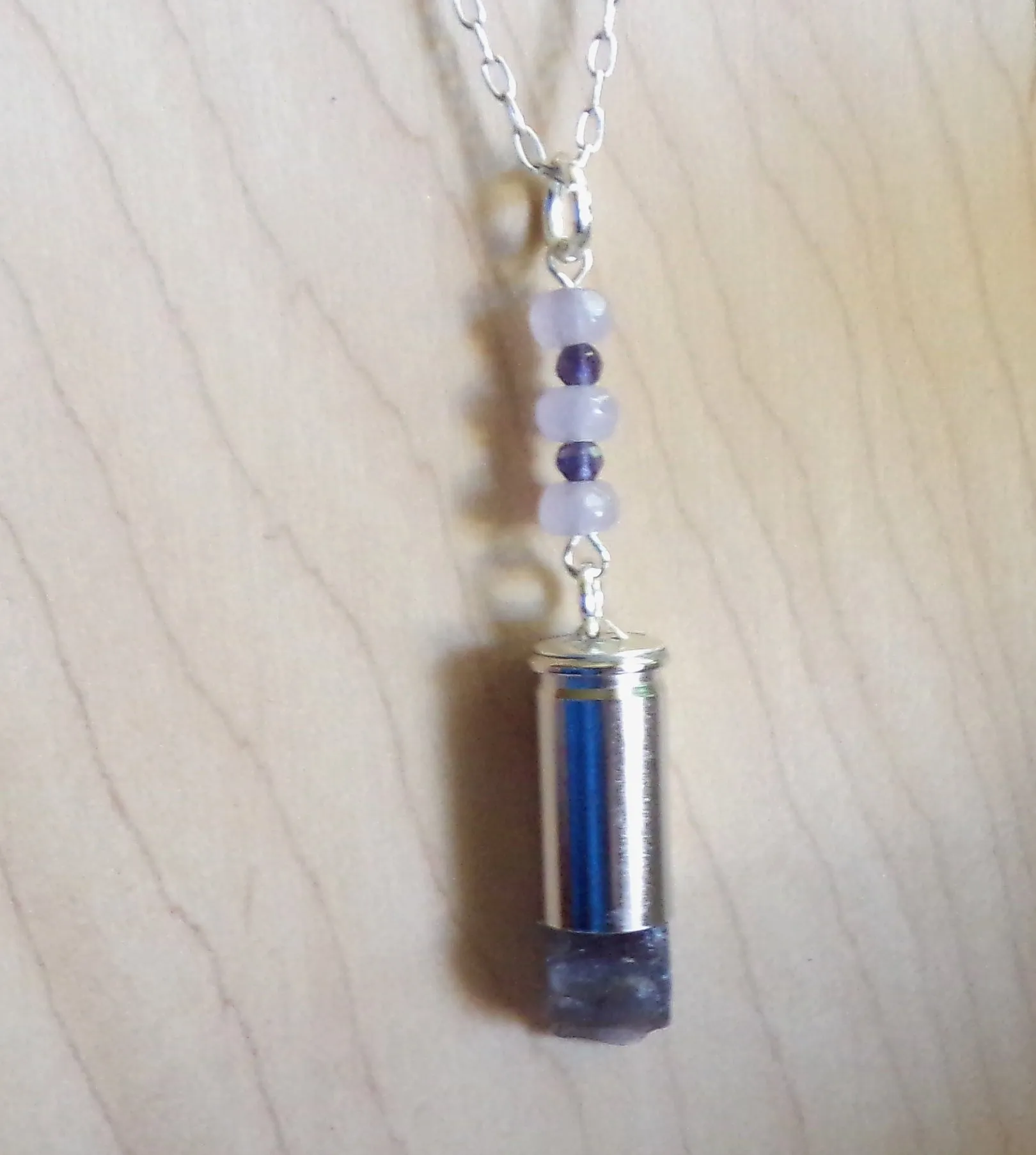 Natural Blue Iolite Gemstone Crystal Bullet Pendant Necklace