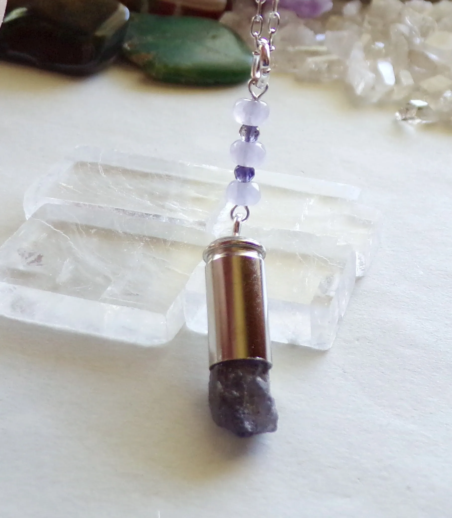 Natural Blue Iolite Gemstone Crystal Bullet Pendant Necklace