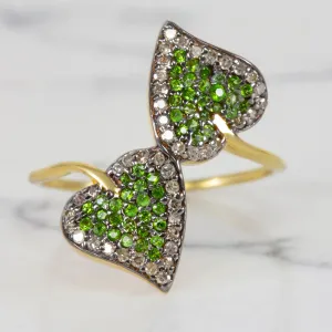 NATURAL DIAMOND CHROME DIOPSIDE COCKTAIL RING PAVE LEAF SHAPE BOTANICAL GREEN