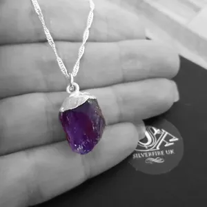 Natural Raw Amethyst Rough Crystal Necklace, Sterling Silver