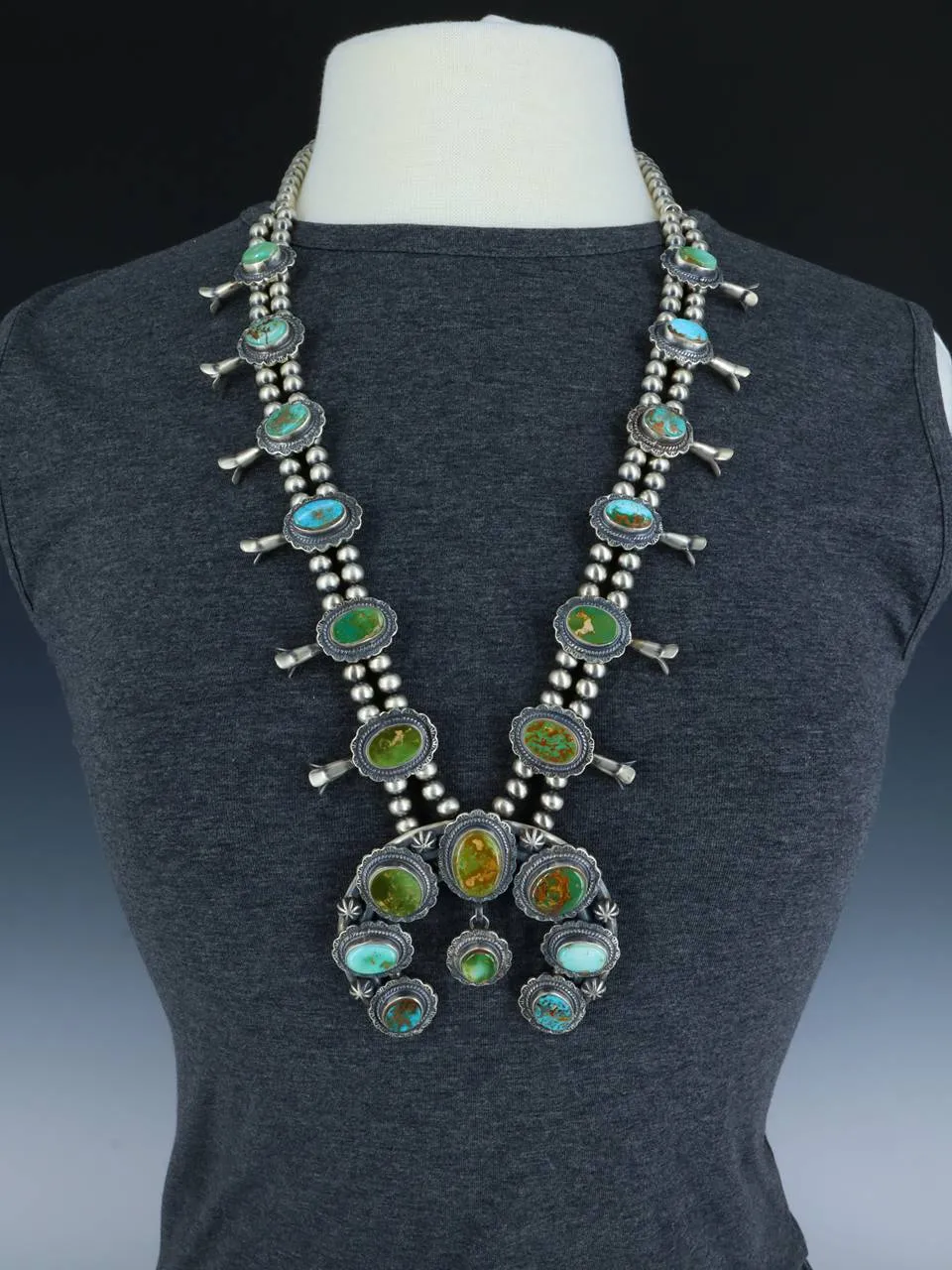 Navajo Natural Manassa Turquoise Sterling Silver Squash Blossom Necklace Set