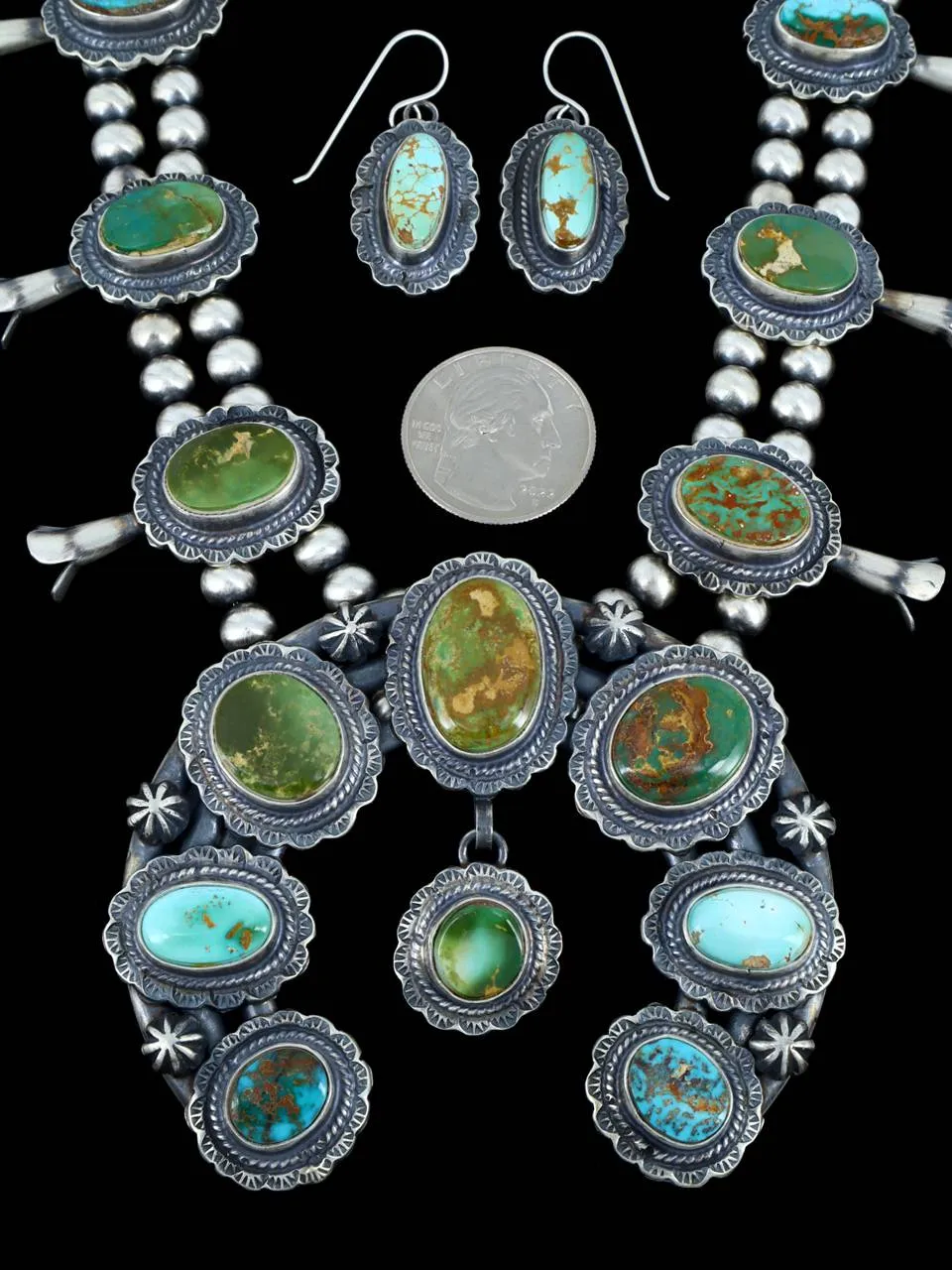 Navajo Natural Manassa Turquoise Sterling Silver Squash Blossom Necklace Set