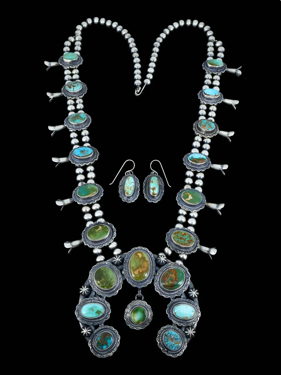 Navajo Natural Manassa Turquoise Sterling Silver Squash Blossom Necklace Set