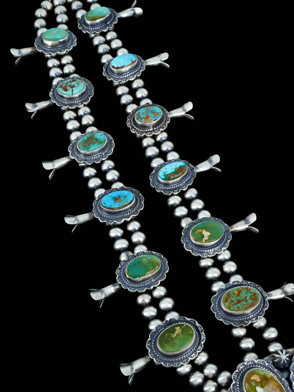 Navajo Natural Manassa Turquoise Sterling Silver Squash Blossom Necklace Set