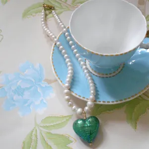 Necklace with sea green (jade, teal) Murano glass large heart pendant on pearls