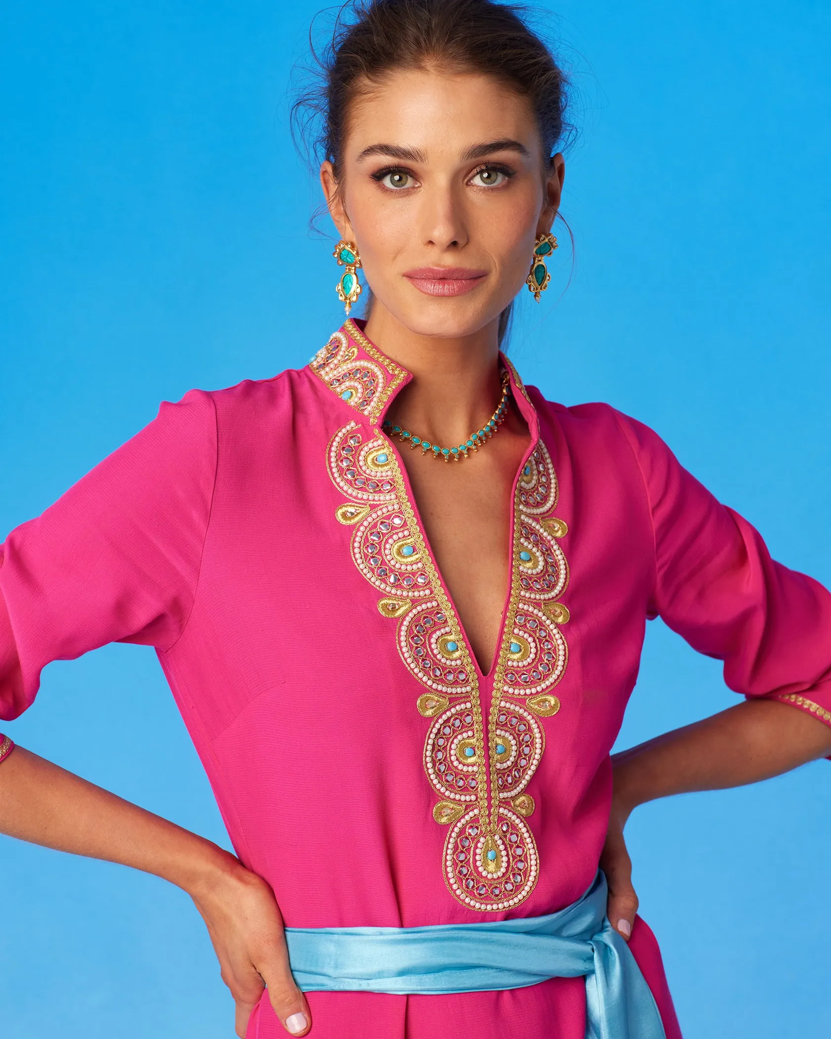 Noor Long Fuchsia Tunic Dress with Gold Embellishment