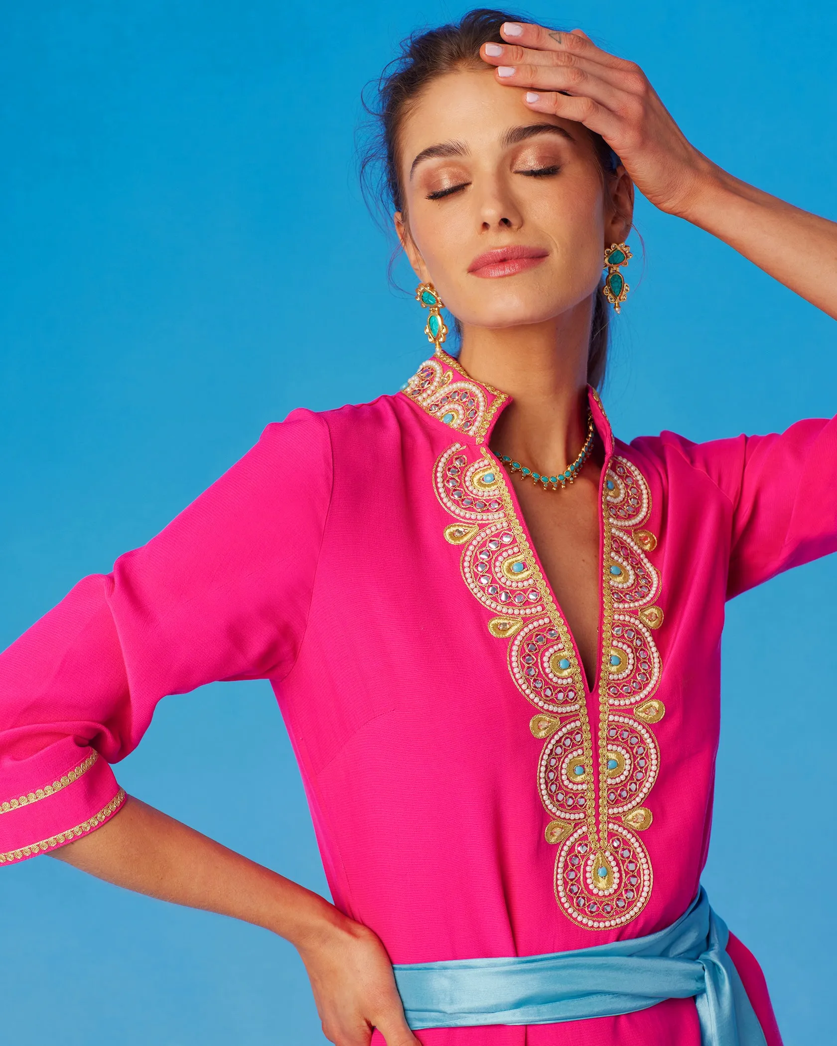 Noor Long Fuchsia Tunic Dress with Gold Embellishment