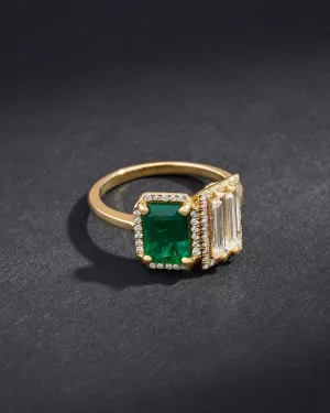 One of a Kind Toi et Moi Emerald & Double Baguette Diamond Ring