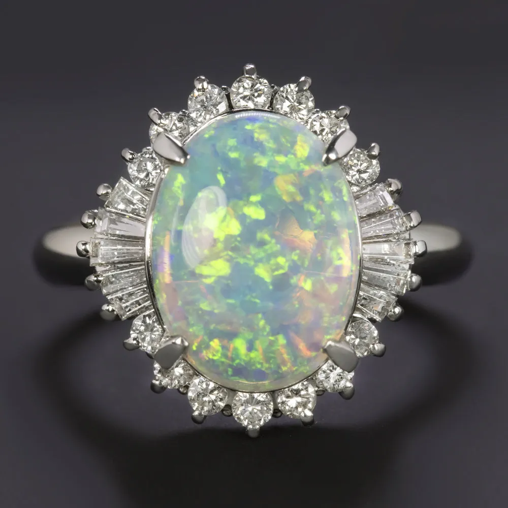 OPAL DIAMOND COCKTAIL RING PLATINUM OVAL SHAPE BAGUETTE HALO NATURAL BALLERINA