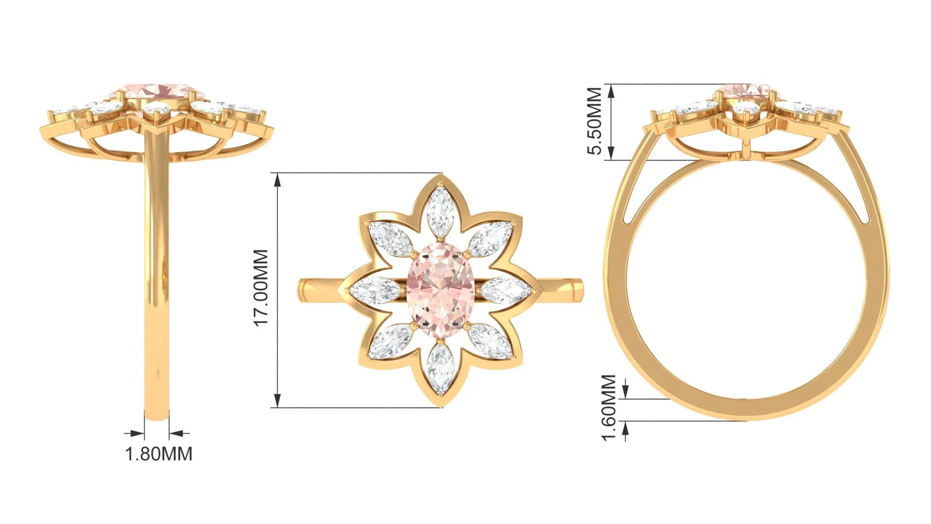 Oval Morganite Flower Cocktail Ring with Moissanite