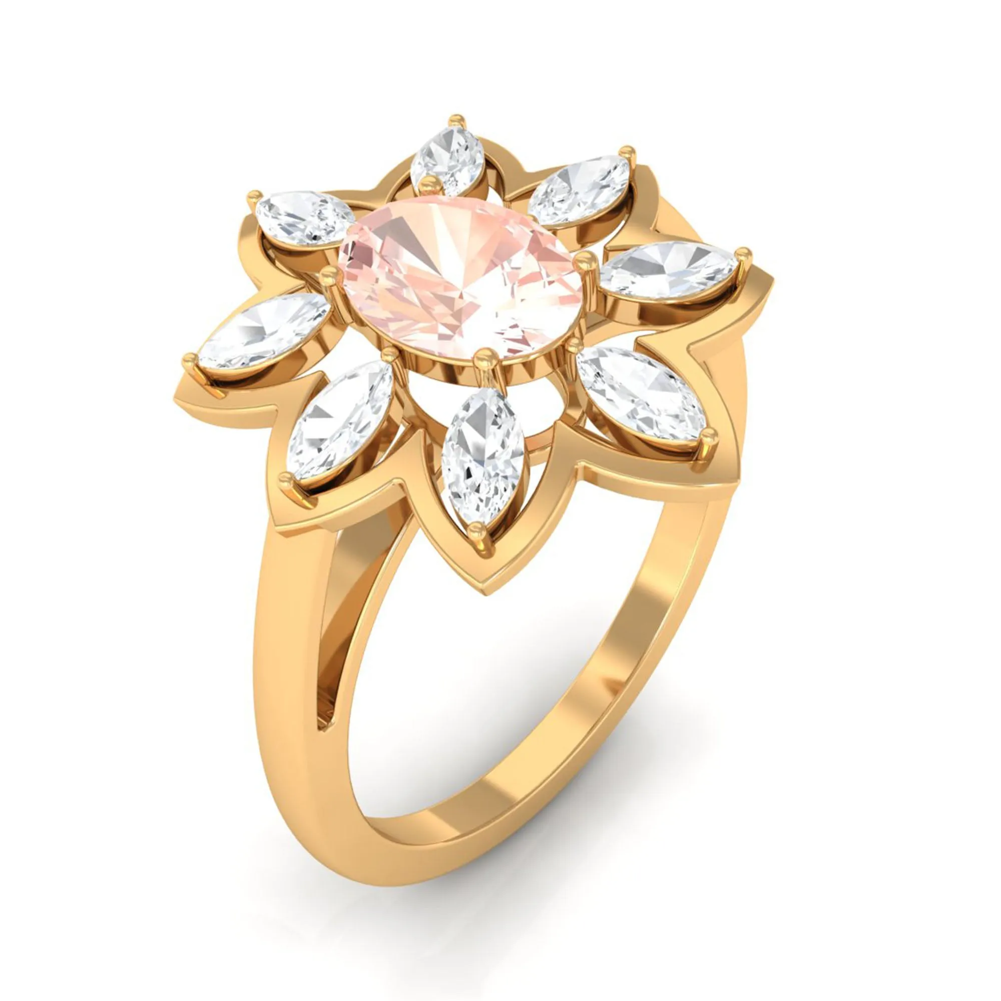 Oval Morganite Flower Cocktail Ring with Moissanite