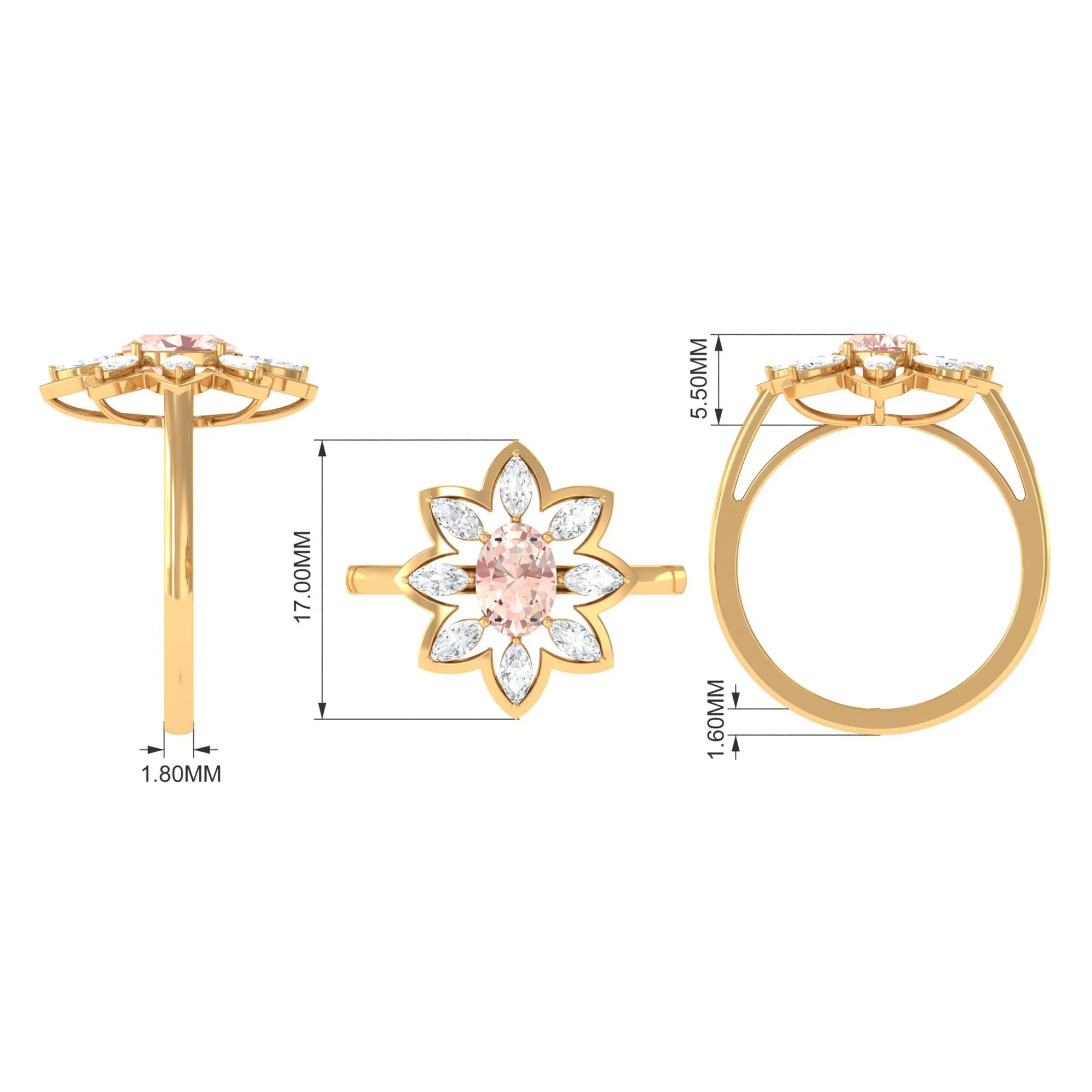 Oval Morganite Flower Cocktail Ring with Moissanite