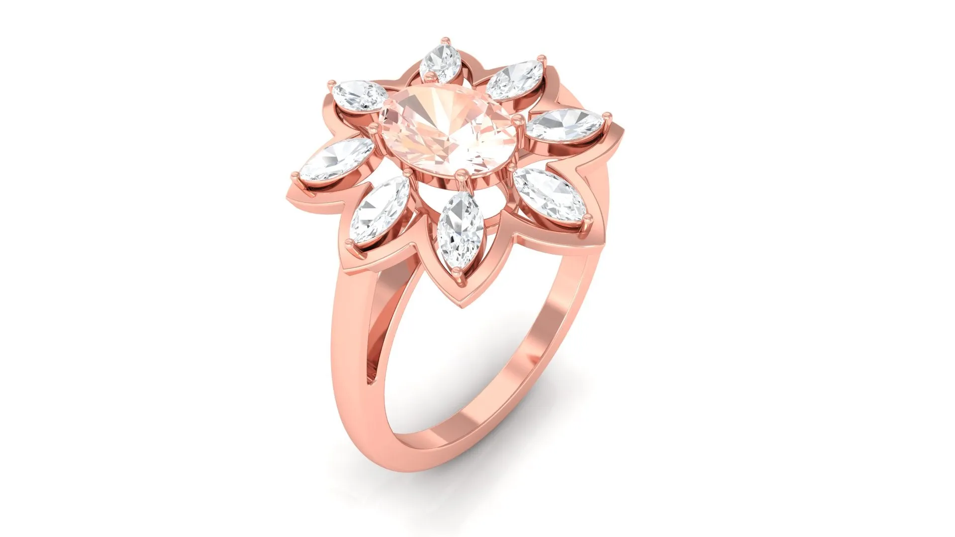 Oval Morganite Flower Cocktail Ring with Moissanite