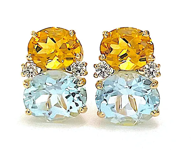 Pink Topaz Rock Crystal Blue Topaz Yellow Gold Three Stone Drop Earrings