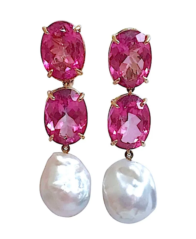 Pink Topaz Rock Crystal Blue Topaz Yellow Gold Three Stone Drop Earrings