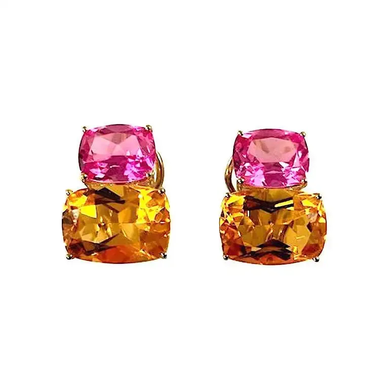 Pink Topaz Rock Crystal Blue Topaz Yellow Gold Three Stone Drop Earrings