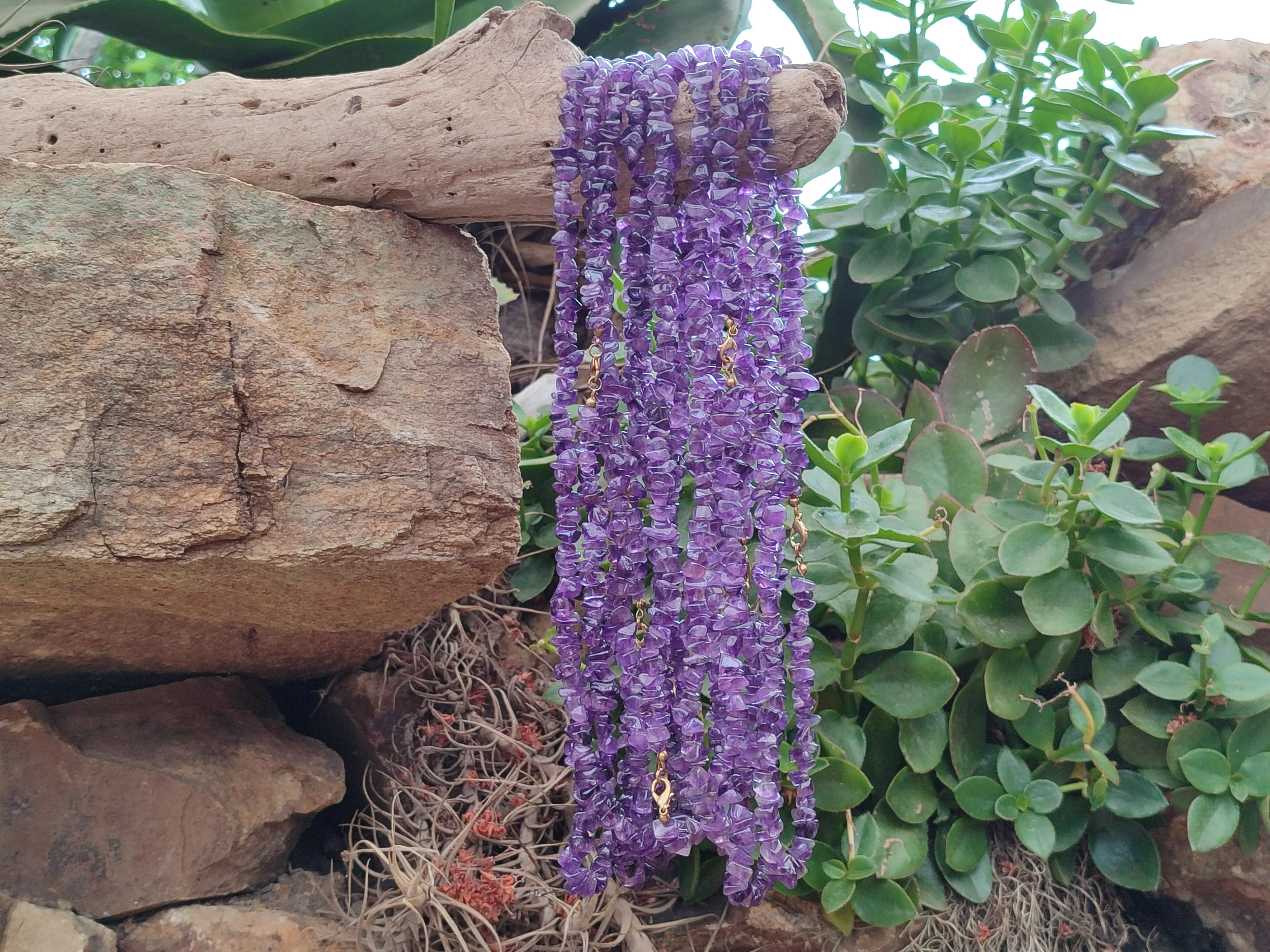 Polished A Grade Gem Amethyst Tumble Chip Beaded Necklace - Sold per Item- From Zambia