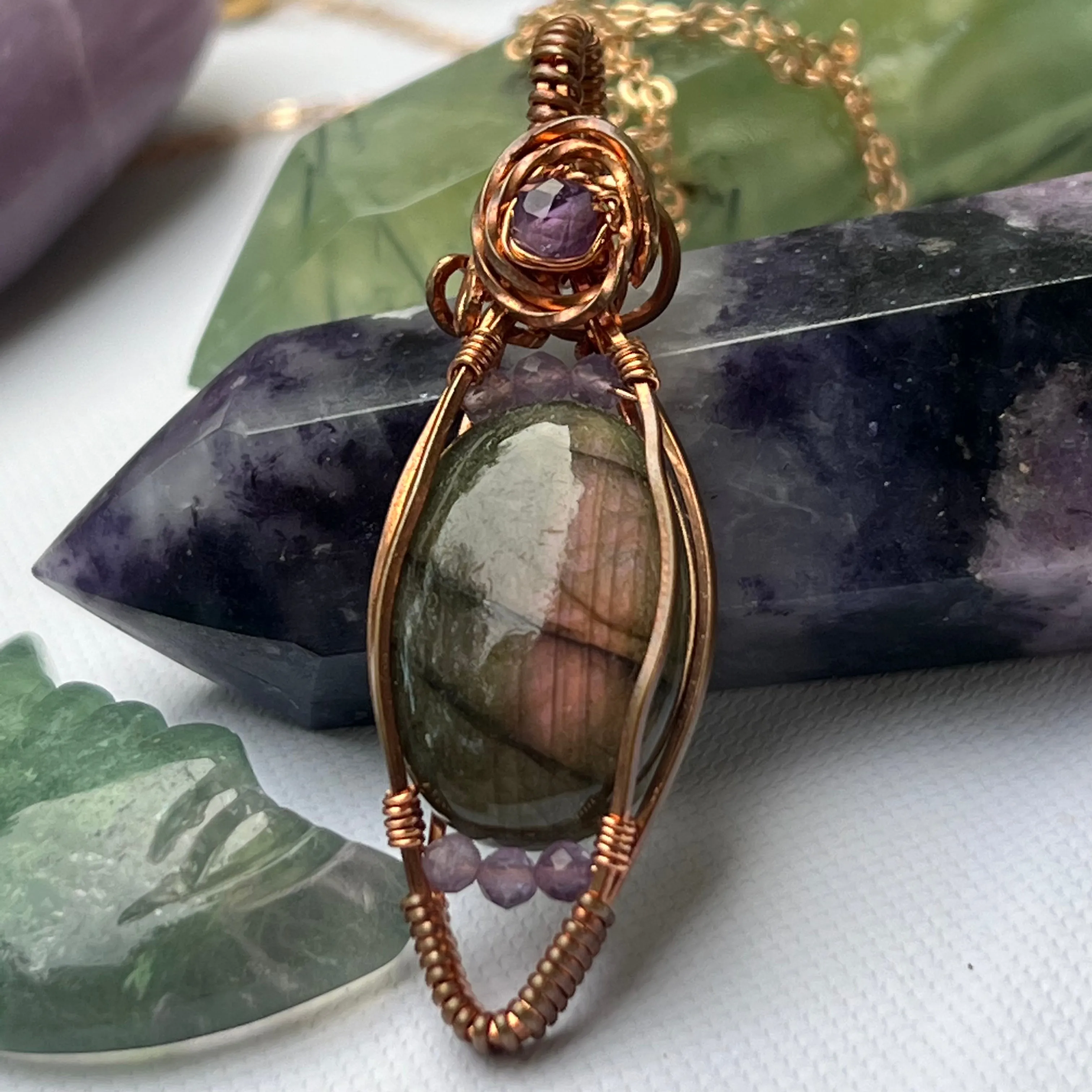 Purple Labradorite and Amethyst Wire-Wrapped Pendant - Ready to Ship