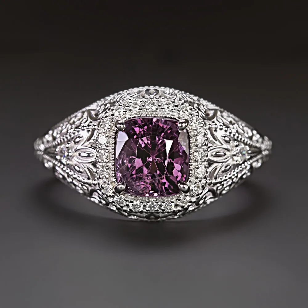 PURPLE SPINEL DIAMOND VINTAGE STYLE COCKTAIL RING HALO FILIGREE 14k WHITE GOLD