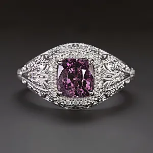 PURPLE SPINEL DIAMOND VINTAGE STYLE COCKTAIL RING HALO FILIGREE 14k WHITE GOLD