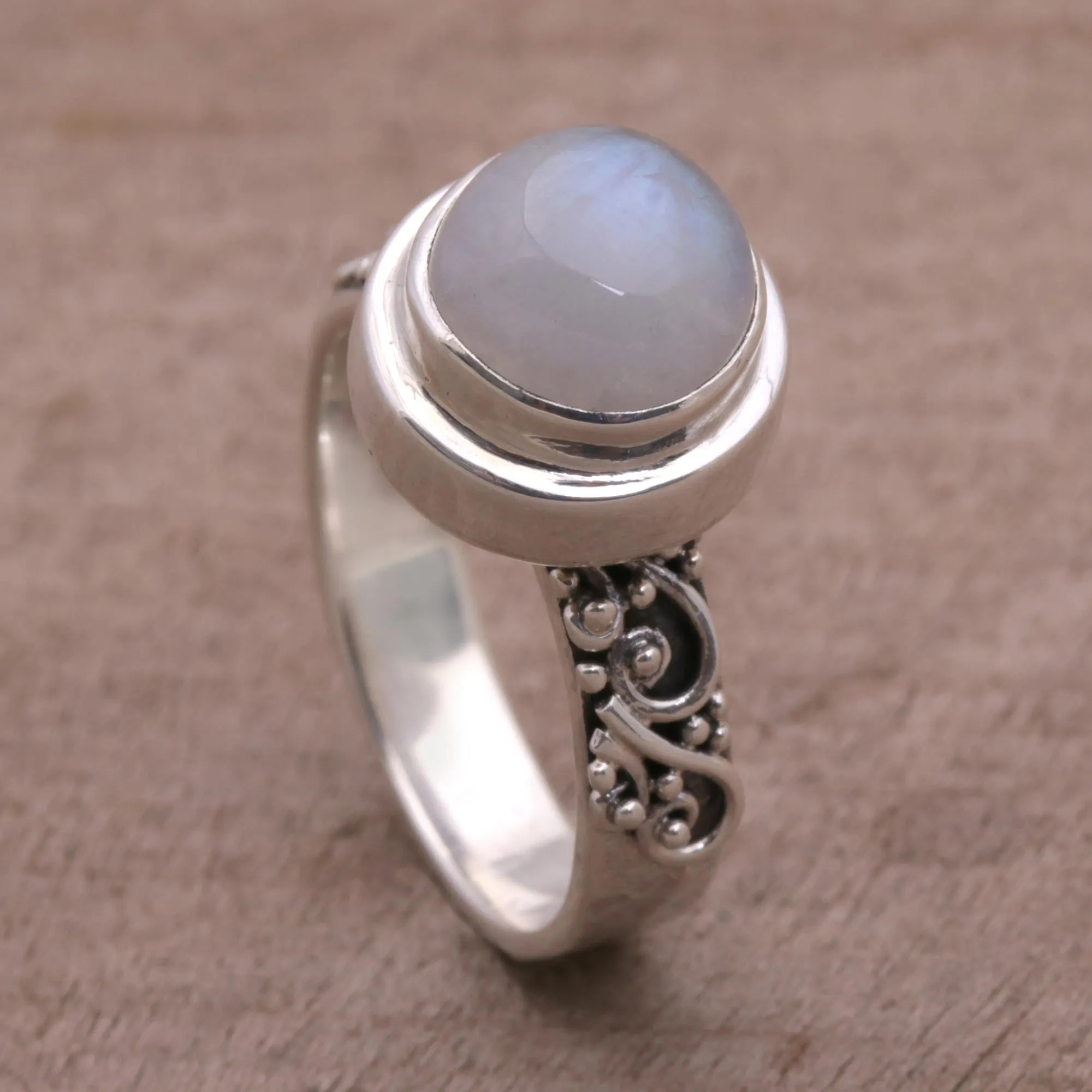 Rainbow Moonstone and Sterling Silver Ring from Bali - Translucent Forest | NOVICA