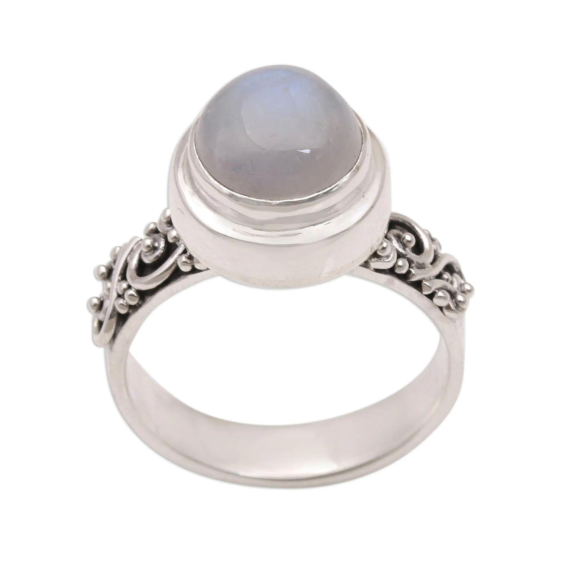 Rainbow Moonstone and Sterling Silver Ring from Bali - Translucent Forest | NOVICA