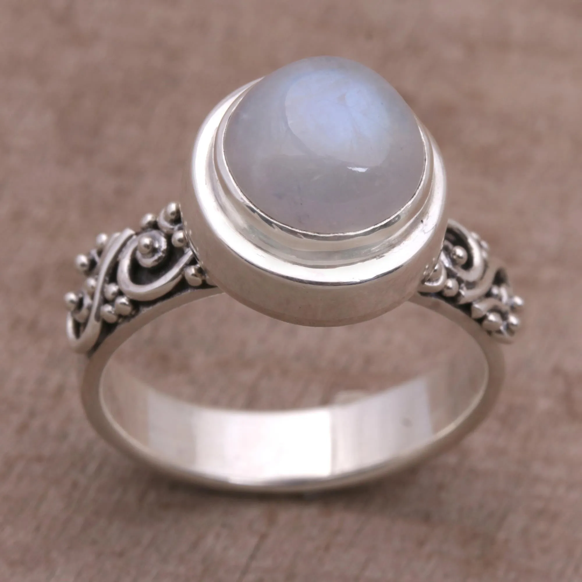 Rainbow Moonstone and Sterling Silver Ring from Bali - Translucent Forest | NOVICA