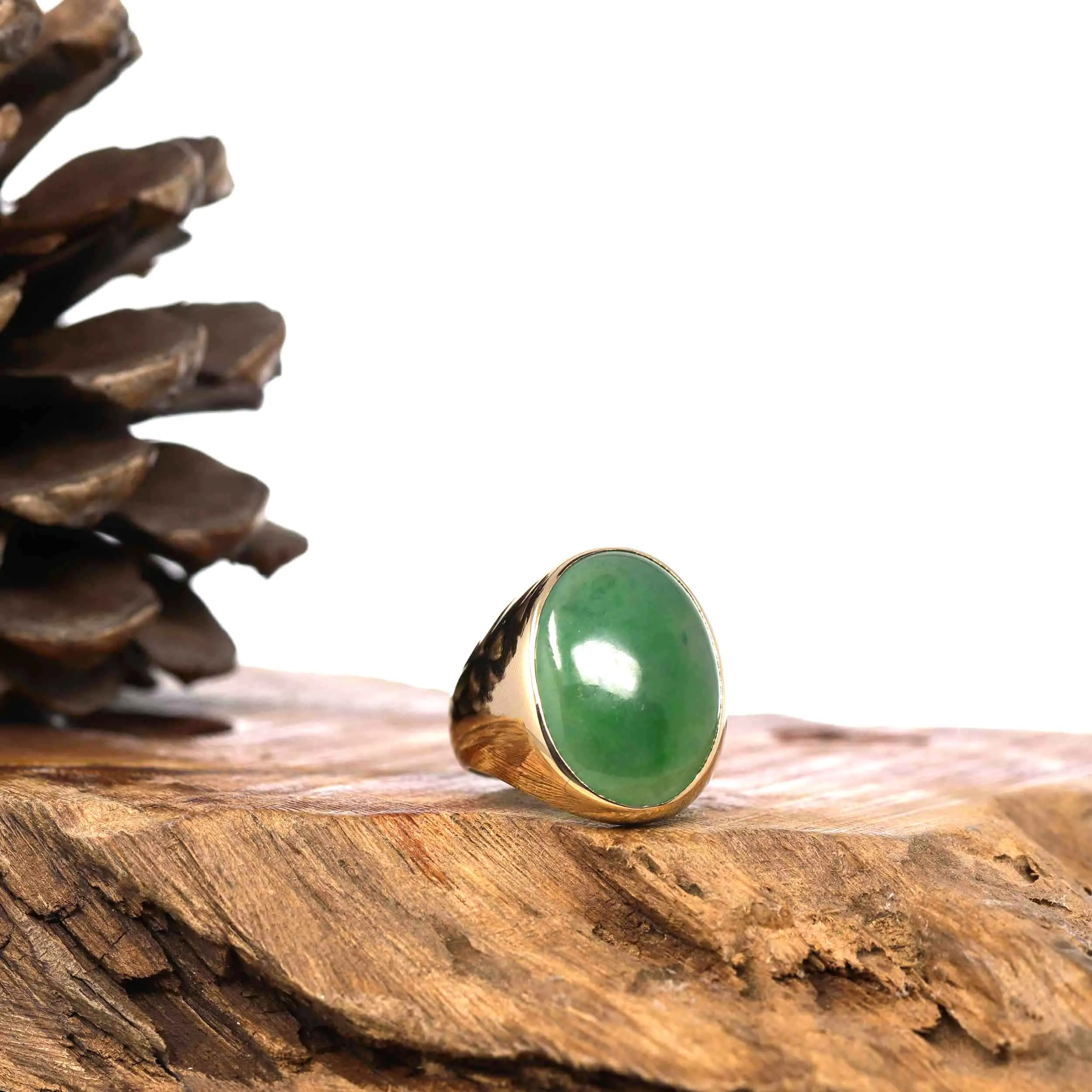 RealJade® "Classic Oval Signet" 14k Genuine Forest Green Old mine Jadeite Jade Men's Ring