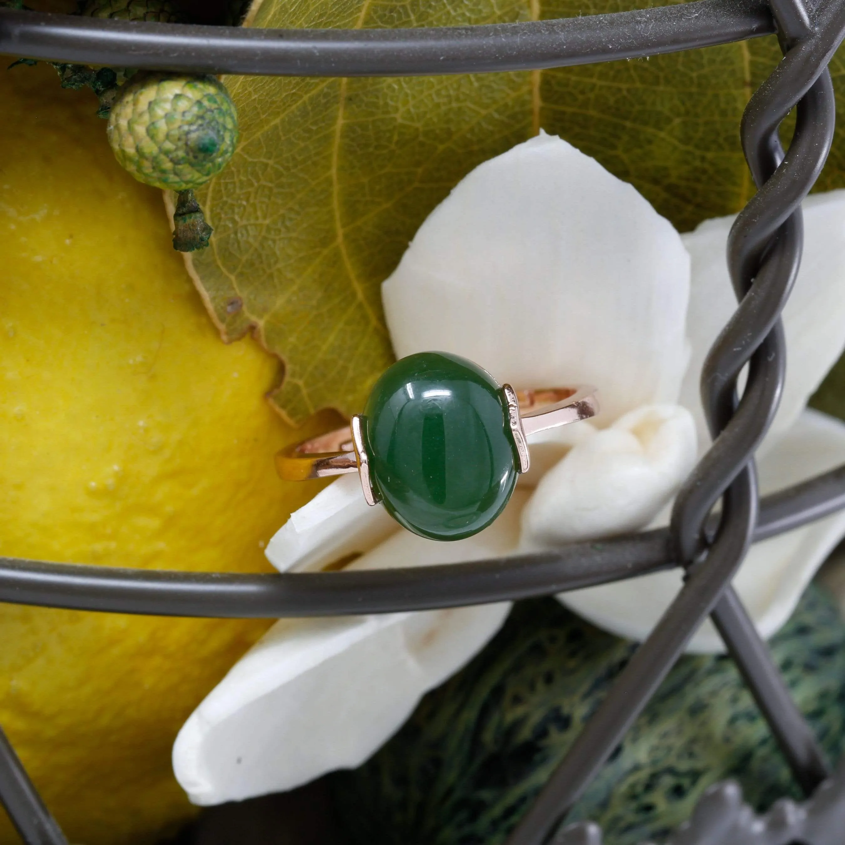 RealJade® "Lucky Jade" Rose Gold Plated Sterling Silver Nephrite Green Jade Ring