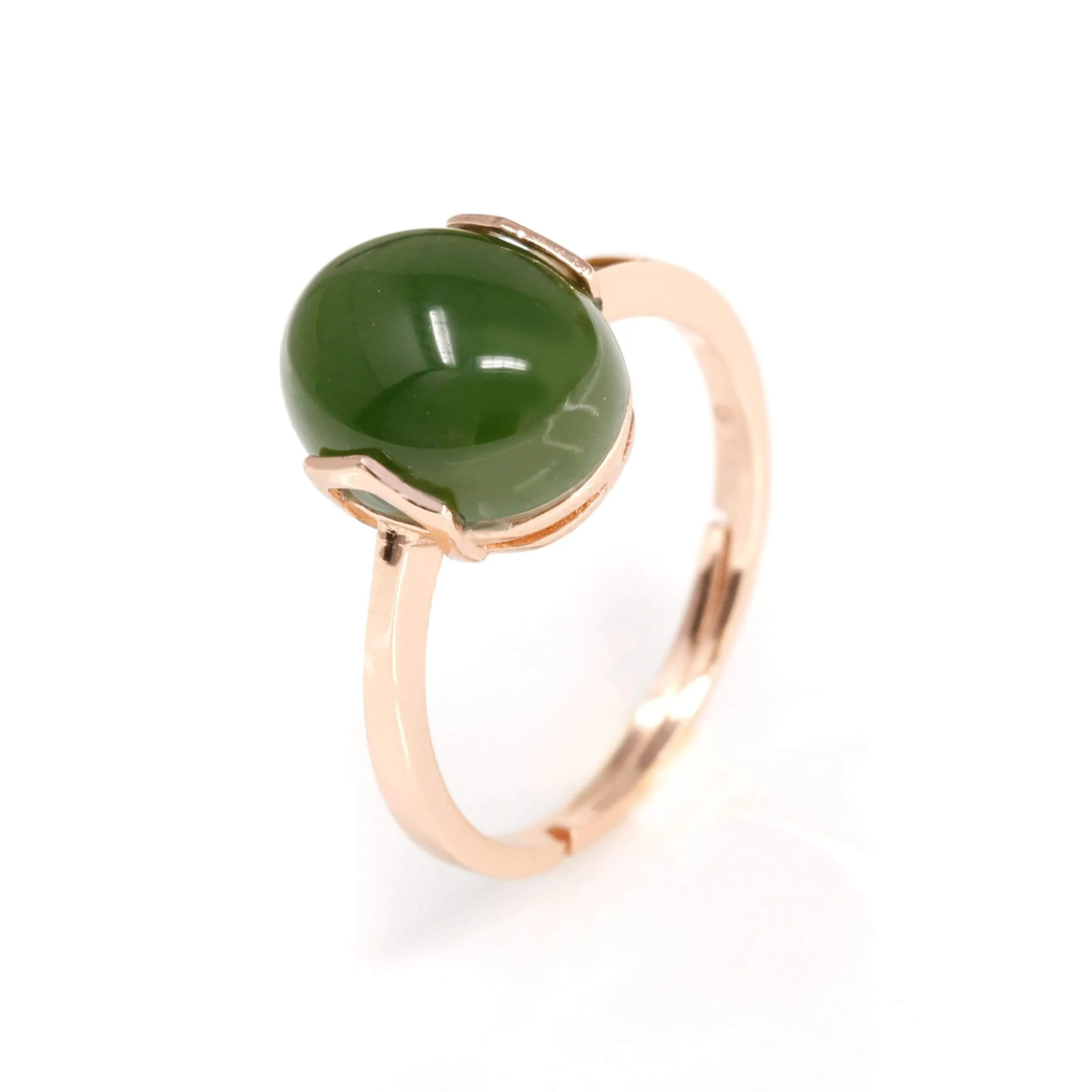 RealJade® "Lucky Jade" Rose Gold Plated Sterling Silver Nephrite Green Jade Ring