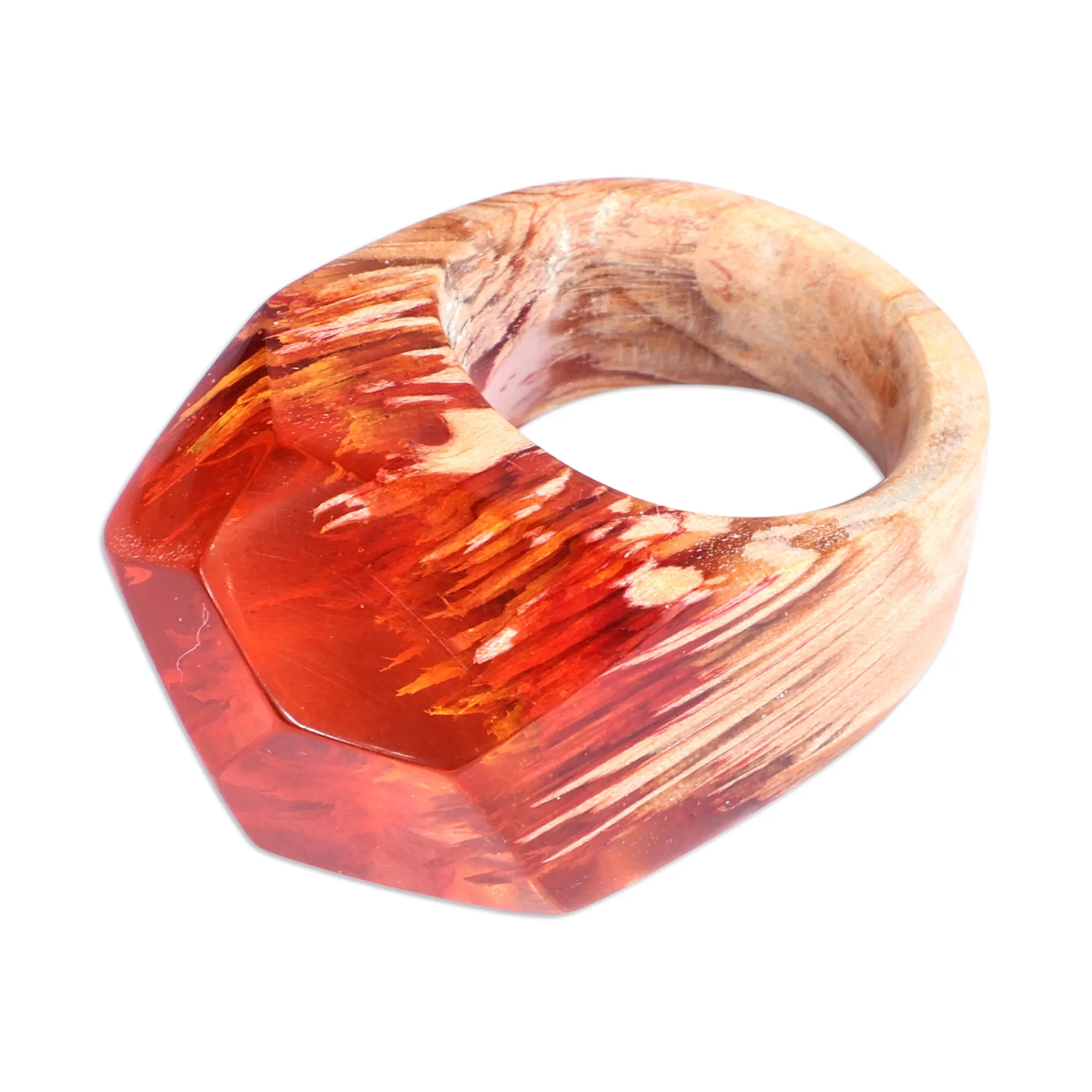 Red Resin Pear Wood Cocktail Ring Crafted in Armenia - Forest Flames | NOVICA