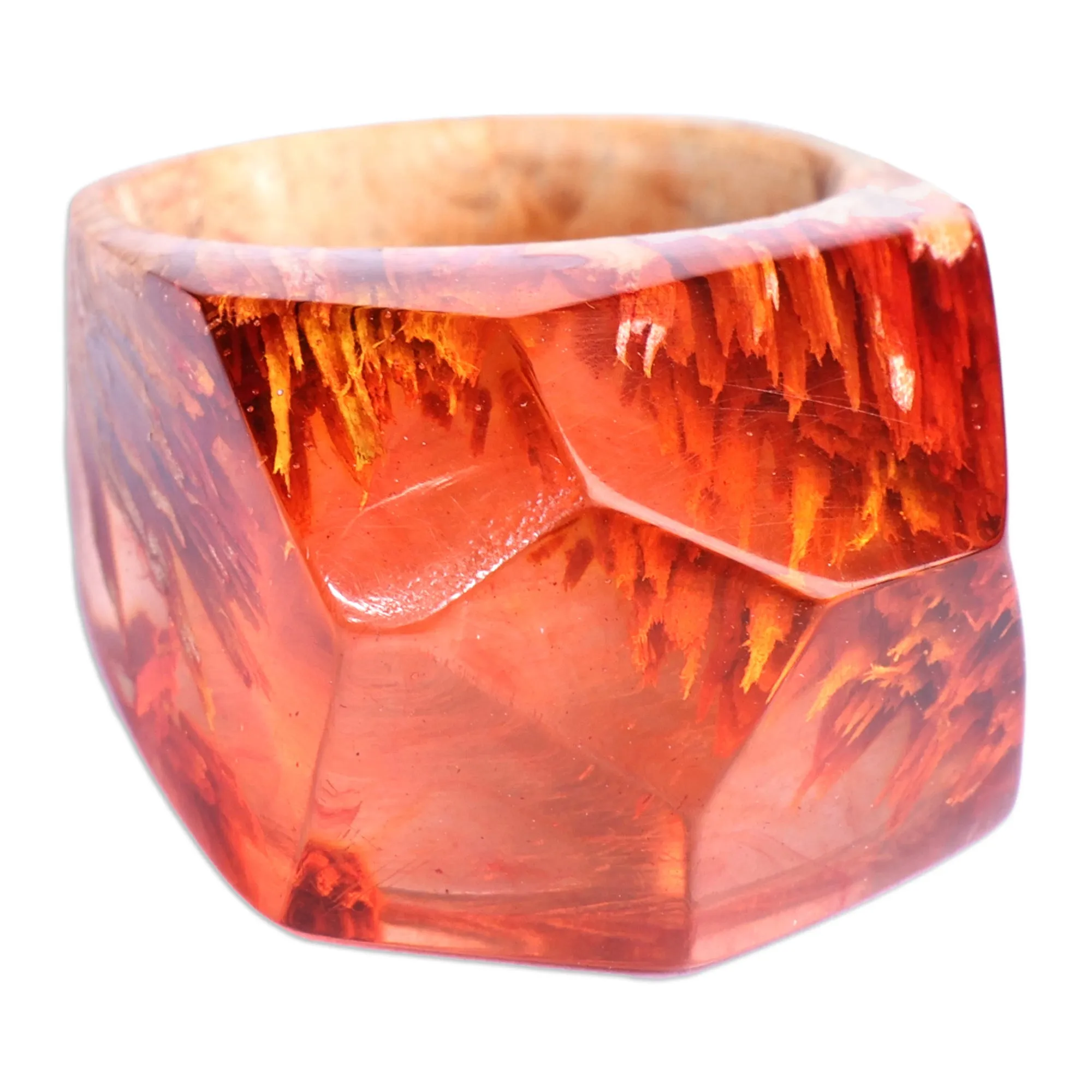 Red Resin Pear Wood Cocktail Ring Crafted in Armenia - Forest Flames | NOVICA