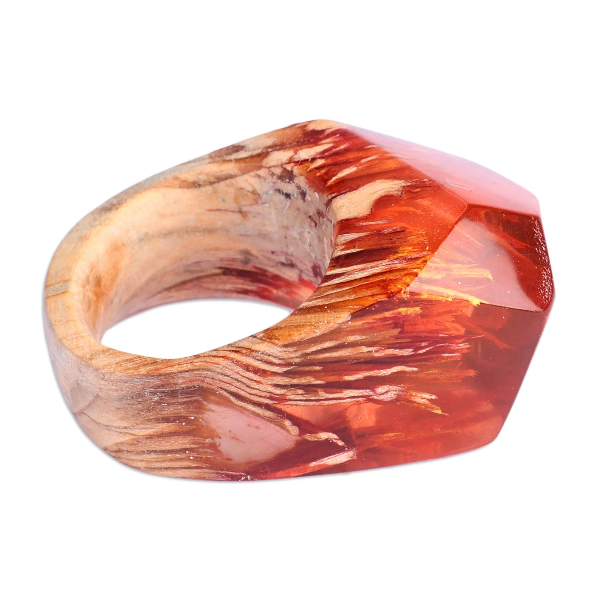 Red Resin Pear Wood Cocktail Ring Crafted in Armenia - Forest Flames | NOVICA