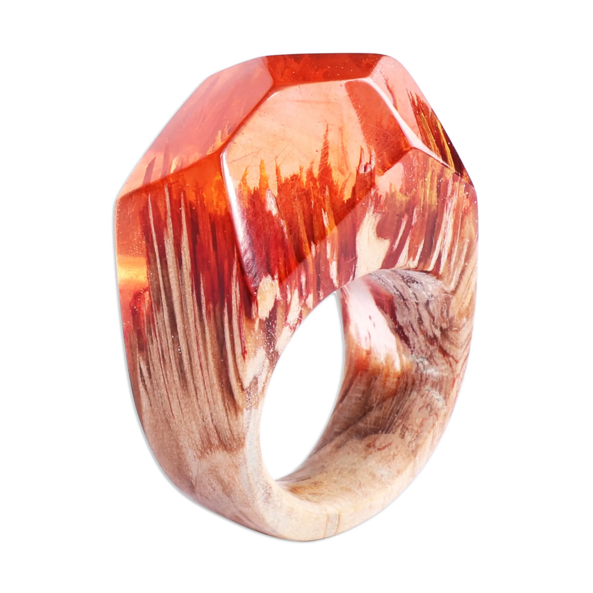 Red Resin Pear Wood Cocktail Ring Crafted in Armenia - Forest Flames | NOVICA