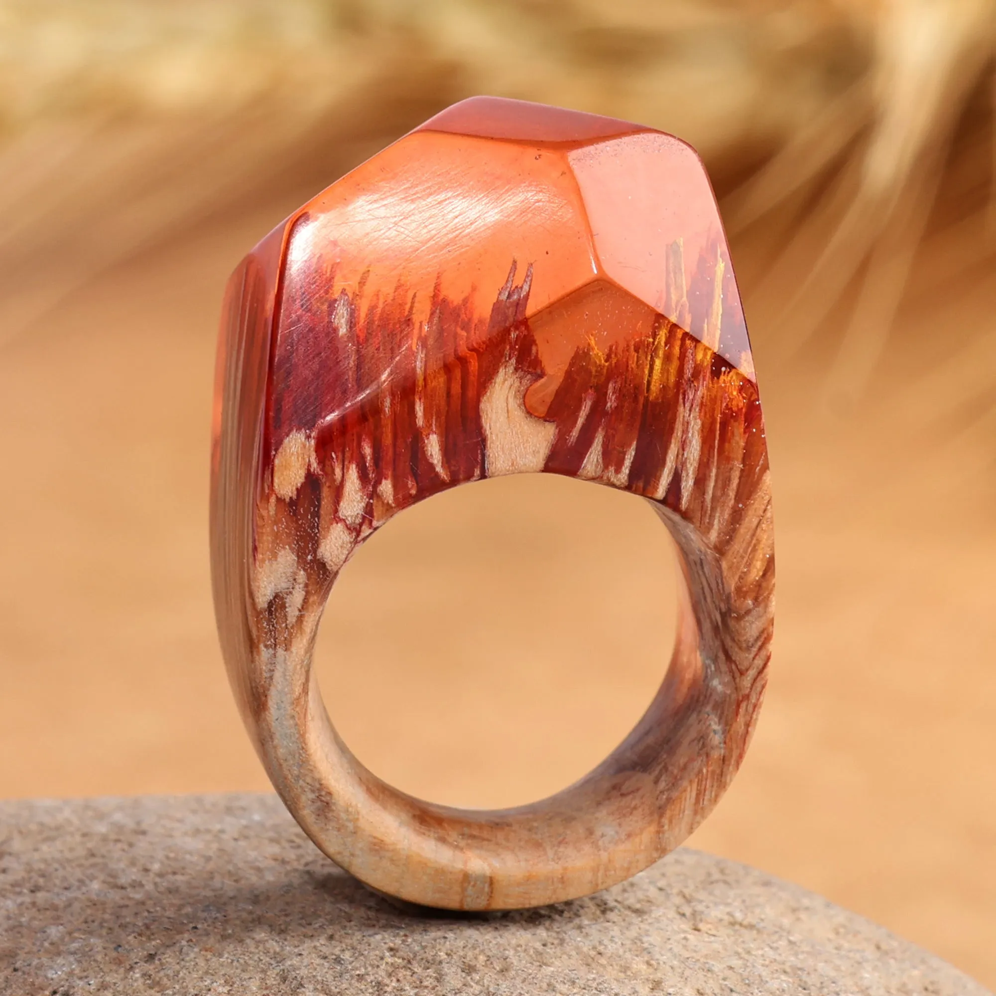 Red Resin Pear Wood Cocktail Ring Crafted in Armenia - Forest Flames | NOVICA